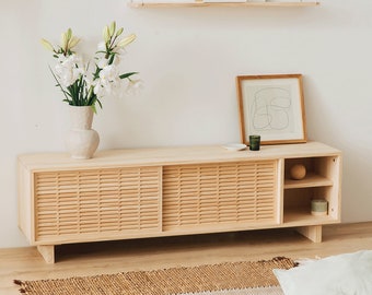 TV Cabinet Galera - Handmade with Solid Pine Wood - Rustic Natural Finish - 2 Sliding Doors