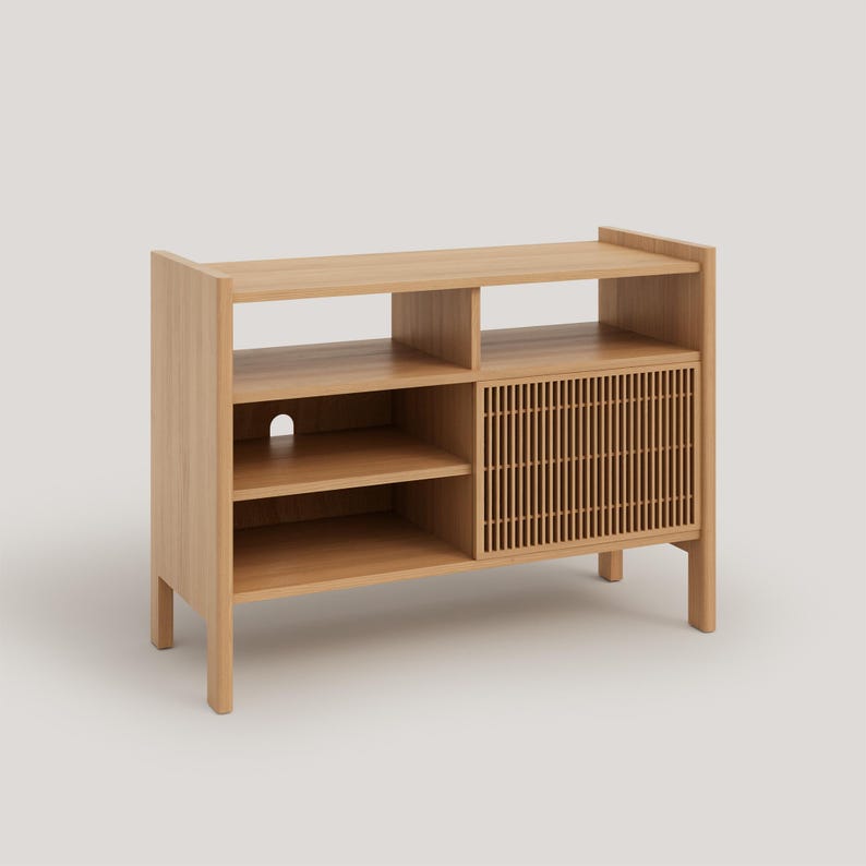 Turntable Stand, Solid Wood Vinyl Record Storage, 102.2 cm - Mesquida Small Oak color varnished