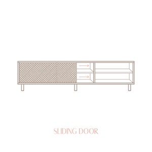 The cabinet has sliding doors with the customizable option to be placed according to individual preferences.