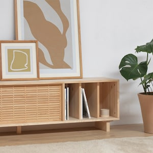 Pu&ograve; includere: Un mobile TV in legno chiaro con un'anta scorrevole, ripiani aperti e una pianta in un vaso di terracotta. Il mobile &egrave; decorato con due stampe incorniciate con arte astratta.