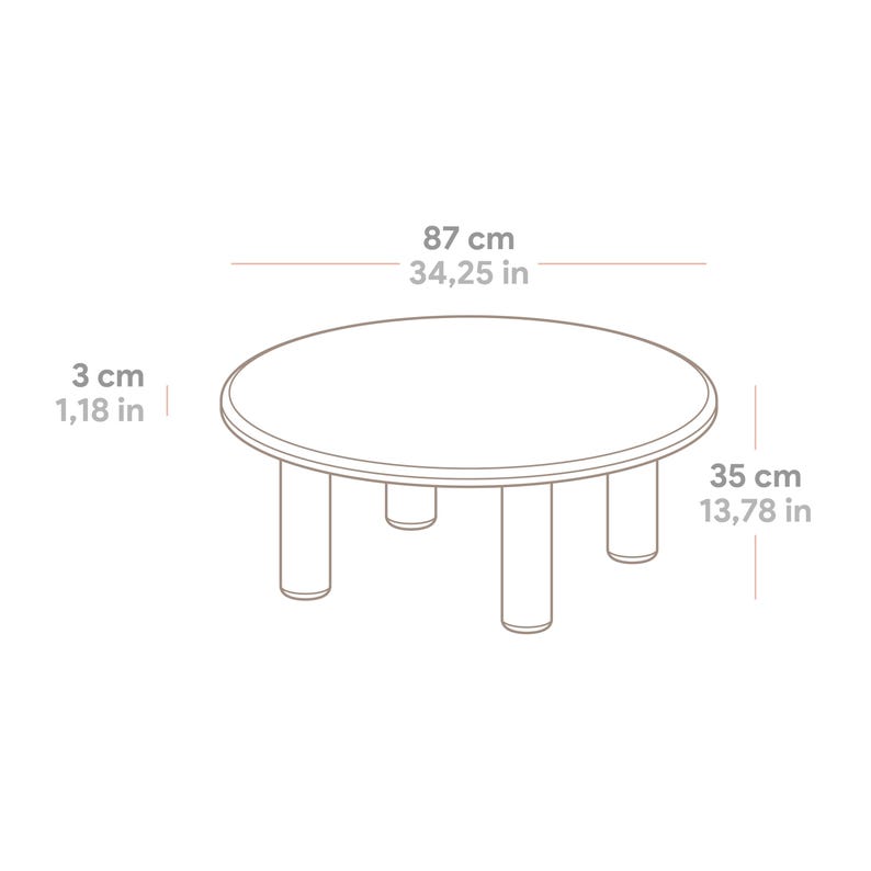 May include: A small, round table with four short legs. The table's diameter is 34.25 inches (87 cm), and it stands 13.78 inches (35 cm) tall. The table's thickness is 1.18 inches (3 cm).