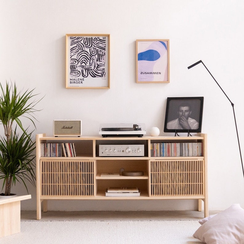 Turntable Stand, Solid Wood Vinyl Record Storage - Bassa Natural unvarnished