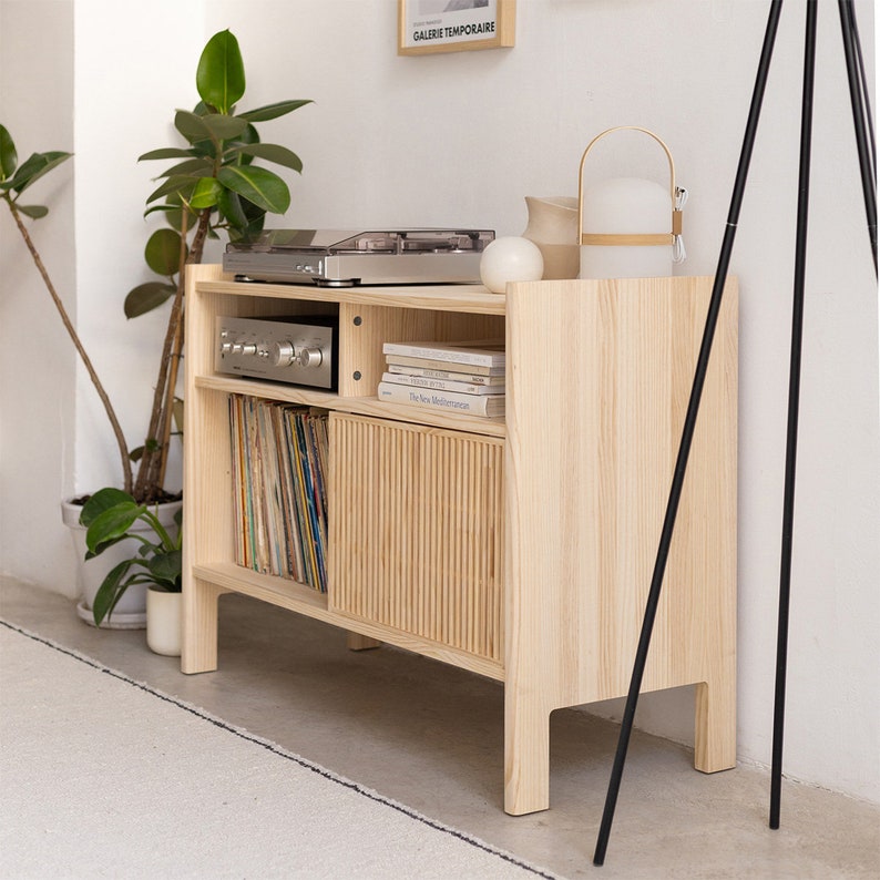 May include: A light wood record player stand with a record player, amplifier, and books on the top shelf. The bottom shelf has a record collection and a sliding door with vertical slats. The stand is in a room with a plant and a floor lamp.