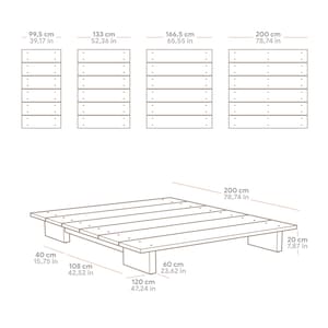 Puede incluir: Diagrama de una estructura de cama de palet de madera, con dimensiones en cent&iacute;metros y pulgadas. La estructura de la cama mide 200 cm (78,74 pulgadas) de largo, 108 cm (42,52 pulgadas) de ancho y 20 cm (7,87 pulgadas) de alto.