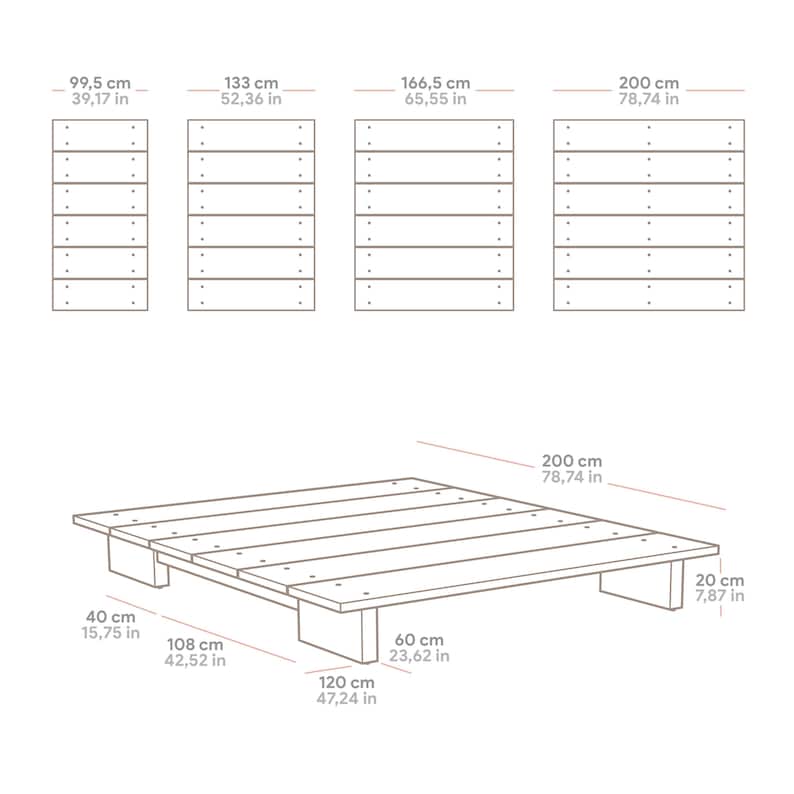 Puede incluir: Diagrama de una estructura de cama de palet de madera, con dimensiones en cent&iacute;metros y pulgadas. La estructura de la cama mide 200 cm (78,74 pulgadas) de largo, 108 cm (42,52 pulgadas) de ancho y 20 cm (7,87 pulgadas) de alto.