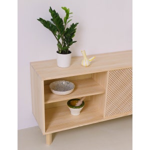 May include: A light wood cabinet with two shelves and a woven door. The cabinet has a plant in a white pot, a small yellow ceramic vase, a blue and white bowl, and a green mortar and pestle on the shelves.