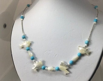 Mother of Pearl White Doves with Chalk Turquois or Moss Agate