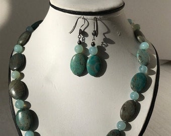 Necklace Gemstones Teal Blue Agate Earings Set