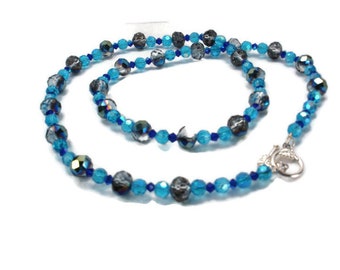 Crystal 26" long Necklace in Teal Blue tones