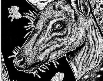 Original Drawing - Pen and Ink Illustration - Deer with Moths