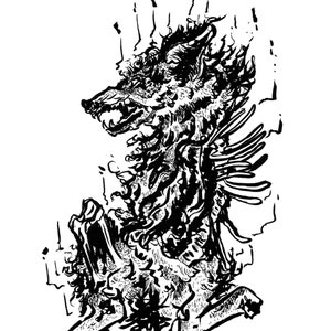 Op de afbeelding: Zwart-witte lijntekening van een wolf met vleugels. De wolf is afgebeeld in een dynamische pose, met zijn vleugels uitgespreid en zijn hoofd naar de zijkant gedraaid. De illustratie is gedetailleerd en expressief, met de nadruk op de anatomie van de wolf en de stroom van zijn vacht.