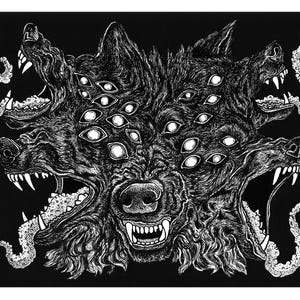 Puede incluir: Ilustración en blanco y negro de una criatura de múltiples cabezas, con apariencia de perro, con múltiples ojos y afilados dientes. Tentáculos se extienden de sus bocas. La obra de arte es detallada e intrincada, con un enfoque en la textura y el contraste.