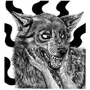 Puede incluir: Ilustración detallada en blanco y negro de un lobo gruñendo con ojos blancos brillantes. Una mano toca la cara del lobo. Formas negras abstractas en el fondo. La obra de arte tiene una apariencia detallada y texturizada.