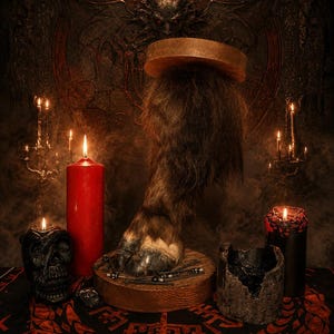 Puede incluir: Una exhibición oscura y gótica con un casco sobre un soporte de madera, rodeada de velas y un candelabro con forma de calavera. El fondo incluye una pared tallada con una cara demoníaca.