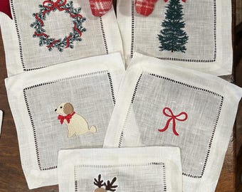 Christmas Embroidered Cocktail/Appetizer 100% Linen Napkin Set of 5, Embroidered  Holiday Decor, Tree, Wreath, Bow, Dog, Reindeer Designs