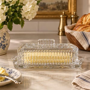 May include: A rectangular clear glass butter dish with a faceted, geometric pattern and a matching lid featuring a central handle. The dish contains a block of yellow butter and sits on a marble surface, showcasing a transparent, textured design.