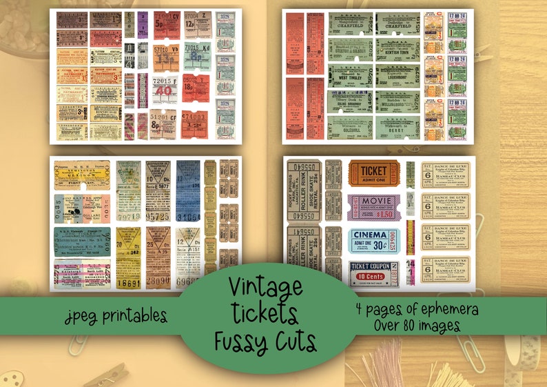 Vintage tickets, fussy cuts, ephemera,printable, digital downloads. 80 plus to choose from. Junk journal, diary, scrapbook or collage. image 2