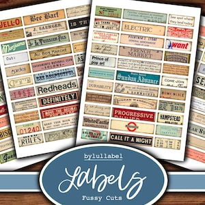 Mini-label ephemera, afdrukbare woordversieringen, junk journal benodigdheden, illustraties, scrapbooking materialen, vintage stijl ephemera
