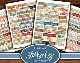 Mini label ephemera, printable word embellishments, junk journal supplies, clip art, scrapbooking materials, vintage style ephemera