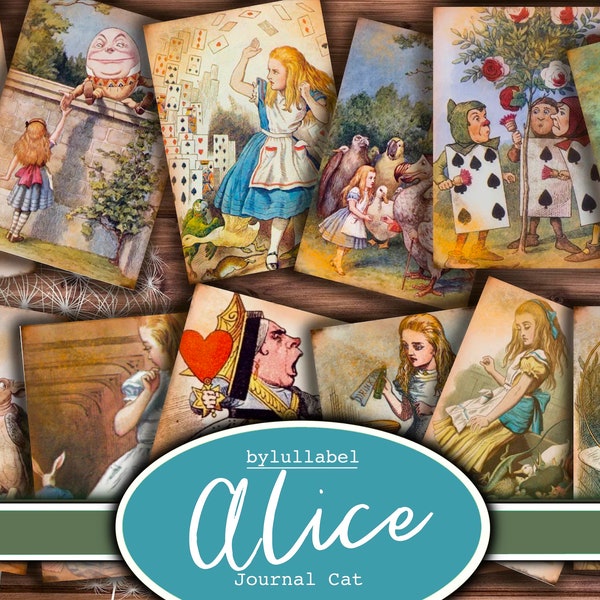 Alice in Wonderland  journal cards, ATC cards, ephemera and junk journal supplies, mini papers, flowers, creature fussy cuts