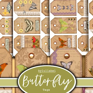 Puede incluir: Un conjunto de 16 etiquetas de regalo imprimibles con temática de mariposas con varios diseños y textos, incluyendo "Vintage", "Pretty", "Nature", "Love", "Write", "Diary", y "Fly".