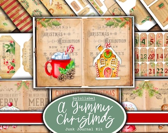 May include: A digital printable junk journal kit with a Christmas theme. The kit includes images of a gingerbread house, a mug of hot chocolate, and a cupcake with red and green decorations. The text "A Yummy Christmas" is featured in the center of the image.
