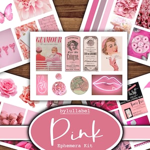 Pack d'éphémères numériques, coupes pointilleuses imprimables roses, compléments de journal indésirable, fournitures fixes, éphémères mixtes, styles vintage et modernes