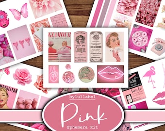 Digital ephemera pack, pink  printable fussy cuts, junk journal add ins, stationary supplies, mixed ephemera , vintage and modern styles