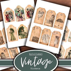 May include: A set of vintage-style gift tags featuring images of women in various outfits and accessories. The tags are printed on a textured paper with a distressed look. The text "by lullabel Vintage Tickets" is printed at the bottom of the image.