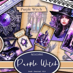 Kit diario spazzatura Purple Witch, kit stampabile effimero, Regno Unito. Carta, tasche, etichette, cartellini, pagine di carta straccia, abbellimenti, regali