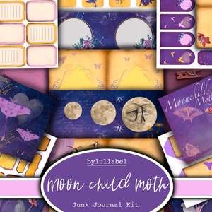 Midnight moth junk journal kit, moonchild ephemera printbare kit, uk. Papier, zakken, etiketten, labels, kladpapierpagina's, versieringen, cadeau