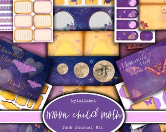 May include: A collection of digital junk journal kit elements with a celestial theme. The design features a purple and gold color scheme with illustrations of moths, moons, and butterflies. Includes labels, tags, and decorative paper pieces. The text "Moonchild Moth" is prominently displayed.