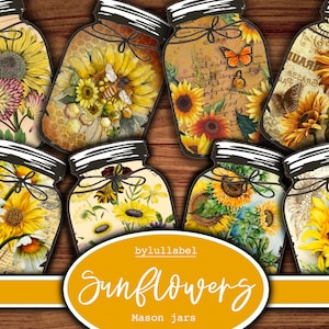 Słoneczniki botaniczne mason jars, drobiazgowe cięcia, efemerydy, do druku, do pobrania. Ponad 10 do wyboru. Junk journal, pamiętnik, album ze zdjęciami lub kolaż.