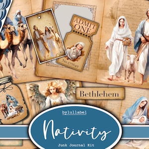 Krippe Junk Journal Kit, Scrapbooking Materialien, Ephemera, Papiere, Tags. Bibel inspiriert, christlich und weihnachtlich