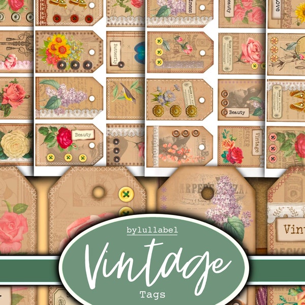 Embellished vintage botanical tags, junk journal ephemera, roses, laces, buttons. Scrapbook embellishments, collage materials