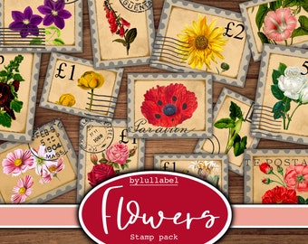 Vintage Flowers stamp pack, ephemera, stationary supplies, junk journal kit, digital and printable scrappy cuts, scrapbooking