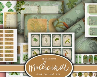 May include: A digital junk journal kit with a green and brown color scheme. The kit includes various images, papers, and labels with a medicinal theme. The text "Medicinal Junk Journal Kit" is featured in the center of the image.