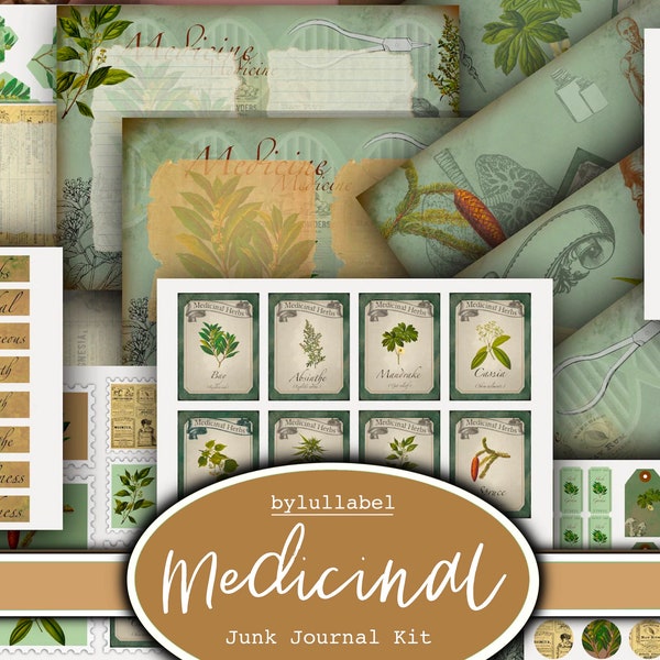 Medicinal herbs junk journal kit, ephemera printable kit, uk. Paper, pockets, labels, tags, scrap paper pages, embellishments, gift