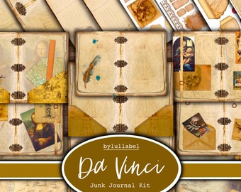 Puede incluir: Un kit de diario de chatarra digital con una estética vintage que presenta imágenes de obras de arte de Leonardo da Vinci, incluyendo la Mona Lisa y La Última Cena. El kit incluye varios papeles, efímeros y adornos para crear un diario único y personalizado.
