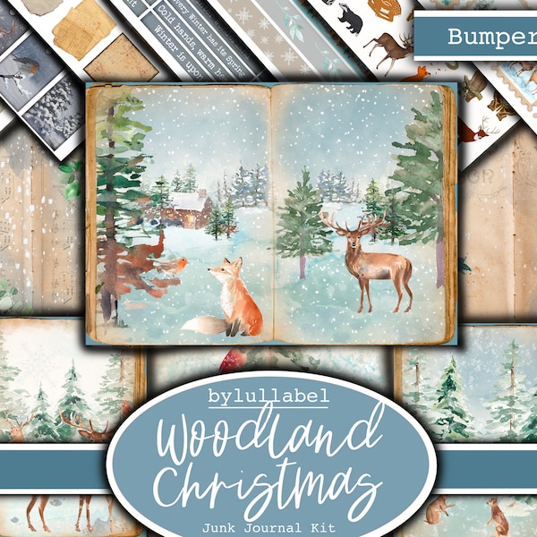 Ultimate Winter Woodland junk journal kit,ephemera printable kit, uk. Paper, pockets, labels, tags, scrap paper pages, embellishments, gift