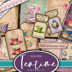 Teatime junk journal kit, afternoon tea efemere printbare pack, uk. Papier, zakken, etiketten, labels, kladpapierpagina's, versieringen, cadeau