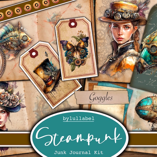 Steampunk digital  junk journal kit, ephemera printable kit, pack, uk. Paper, pockets, labels, tags, scrap paper pages, embellishments, gift