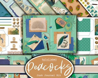 Perfect peacocks junk journal kit, ephemera printable kit, uk. Magic Paper, pockets, labels, tags, scrap paper pages, embellishments, gift