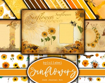 Sunflowers junk journal kit, ephemera printable kit, pack, uk. Paper, pockets, labels, tags, scrap paper pages, embellishments, gift