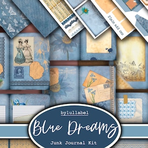 Ephemera vintage Blue Dreams per riviste spazzatura, kit stampabile, confezione, Regno Unito. Carta, tasche, etichette, cartellini, pagine di carta straccia, abbellimenti, regalo