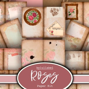 Pagine del diario spazzatura Vintage Roses, bellissimi effimeri, kit di carta, set di carta, fiori, stampabili del diario vintage
