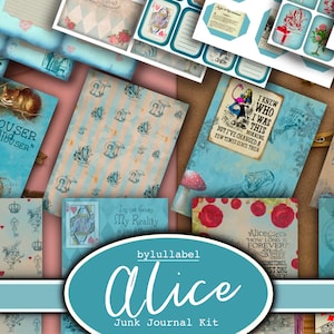 Alice in Wonderland   junk journal kit, ephemera printable kit, uk. Paper, pockets, labels, tags, scrap paper pages, embellishments, gift