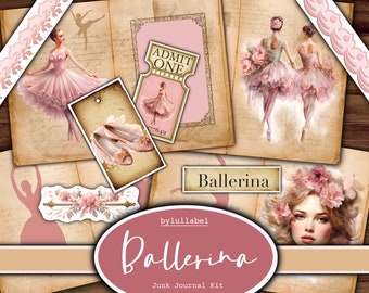 May include: A digital scrapbook kit with a ballerina theme. The kit includes images of ballerinas, flowers, and a ticket that says "Admit One". The kit also includes a tag with the words "Ballerina" and "Junk Journal Kit".