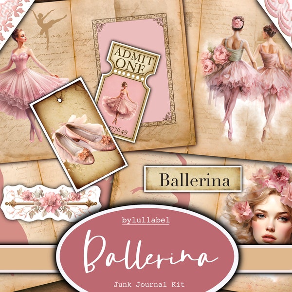 Ballerina junk journal kit, printable kit, uk. Ballet Paper, pockets, labels, tags, scrap paper pages, embellishments, pink gifts