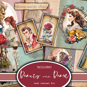 Kit de journal numérique indésirable La Belle et la Bête, kit de livre de contes de fées, kit de scrapbooking imprimable histoire d'amour et romance